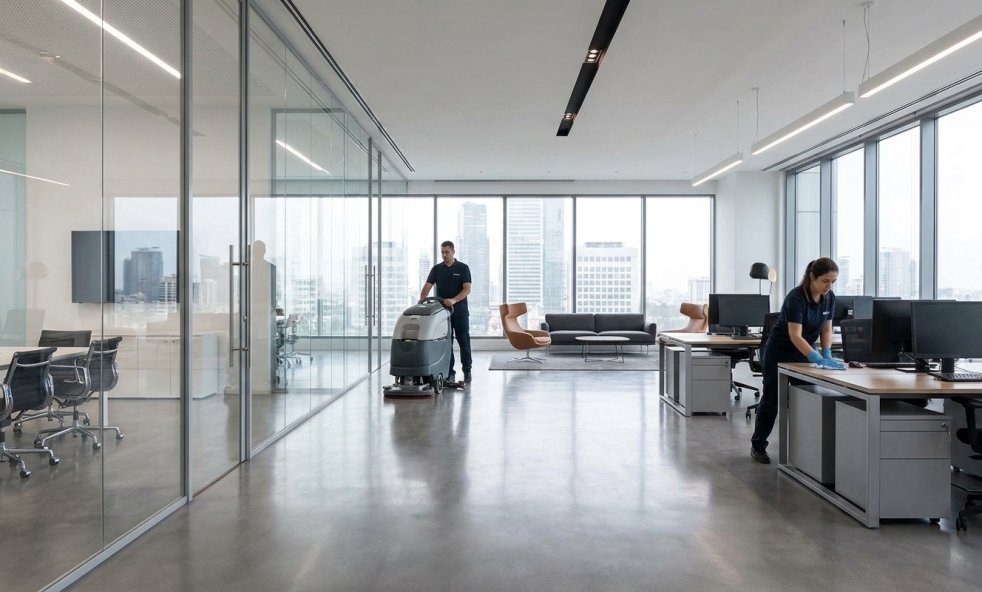 Workers cleaning a modern office with a floor scrubber and desk cleaning tools